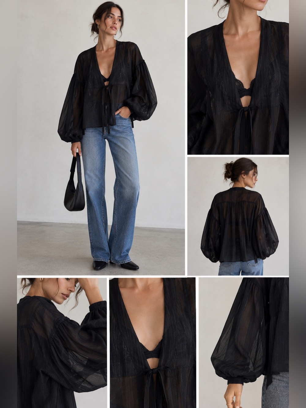 Zara Black Sheer Tie Front Blouse Balloon Sleeve Deep V Blouse Top | Size Large